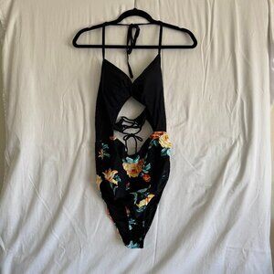 Floral Cutout One-Piece Swimsuit | Tie Back & High Leg (No tag; approx XL)